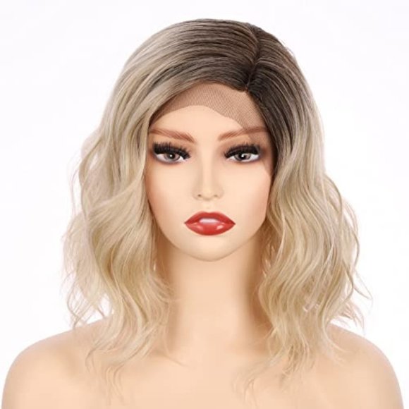 Short Bob Wavy Side Part Lace Front Wig Blonde-Dark Roots